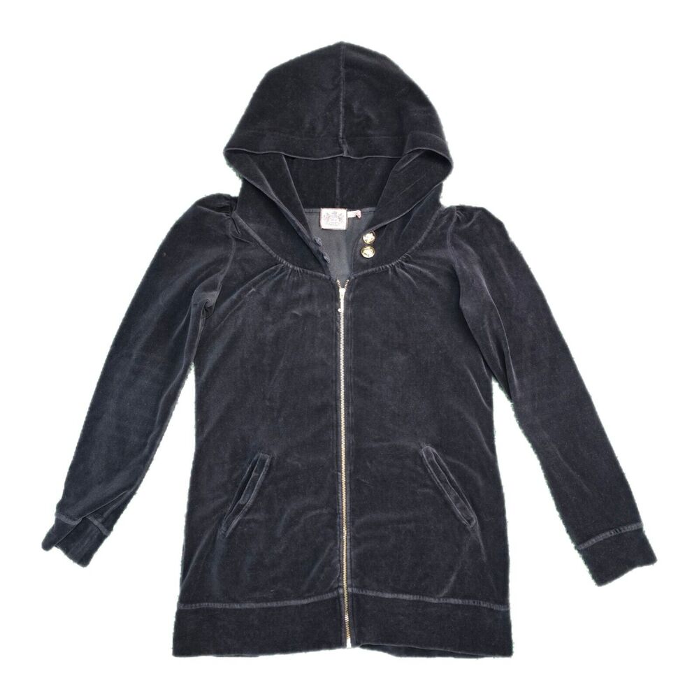 Y2K Juicy Couture Velour Womens Jacket Medium Black Hooded Vintage Vtg